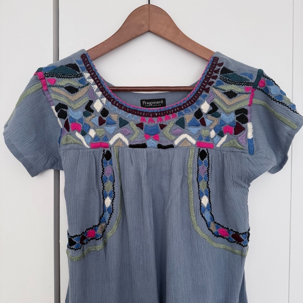 Women Dress embroidered short sleeves M Fragonard blue - Picture 2 of 3